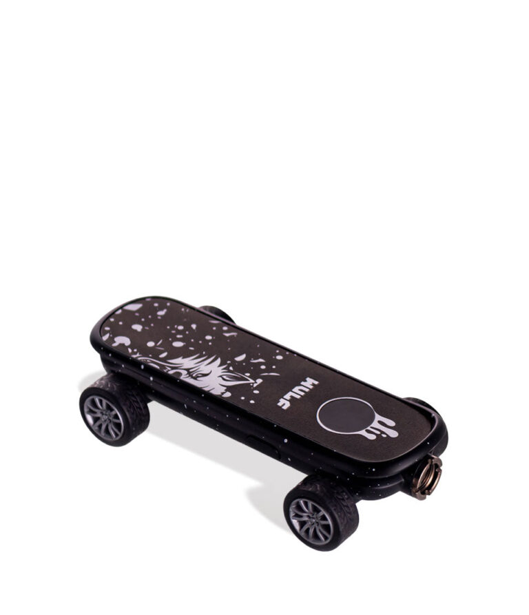 Black White Spatter Wulf Mods Deck Skateboard Voltage Battery Down View on White Background