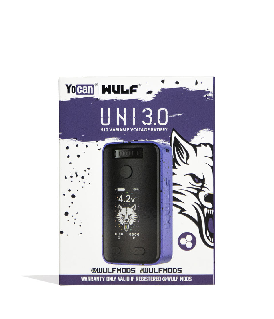 Purple Black Spatter Wulf Mods UNI 3.0 Universal Variable Voltage Battery Packaging Front View on White Background