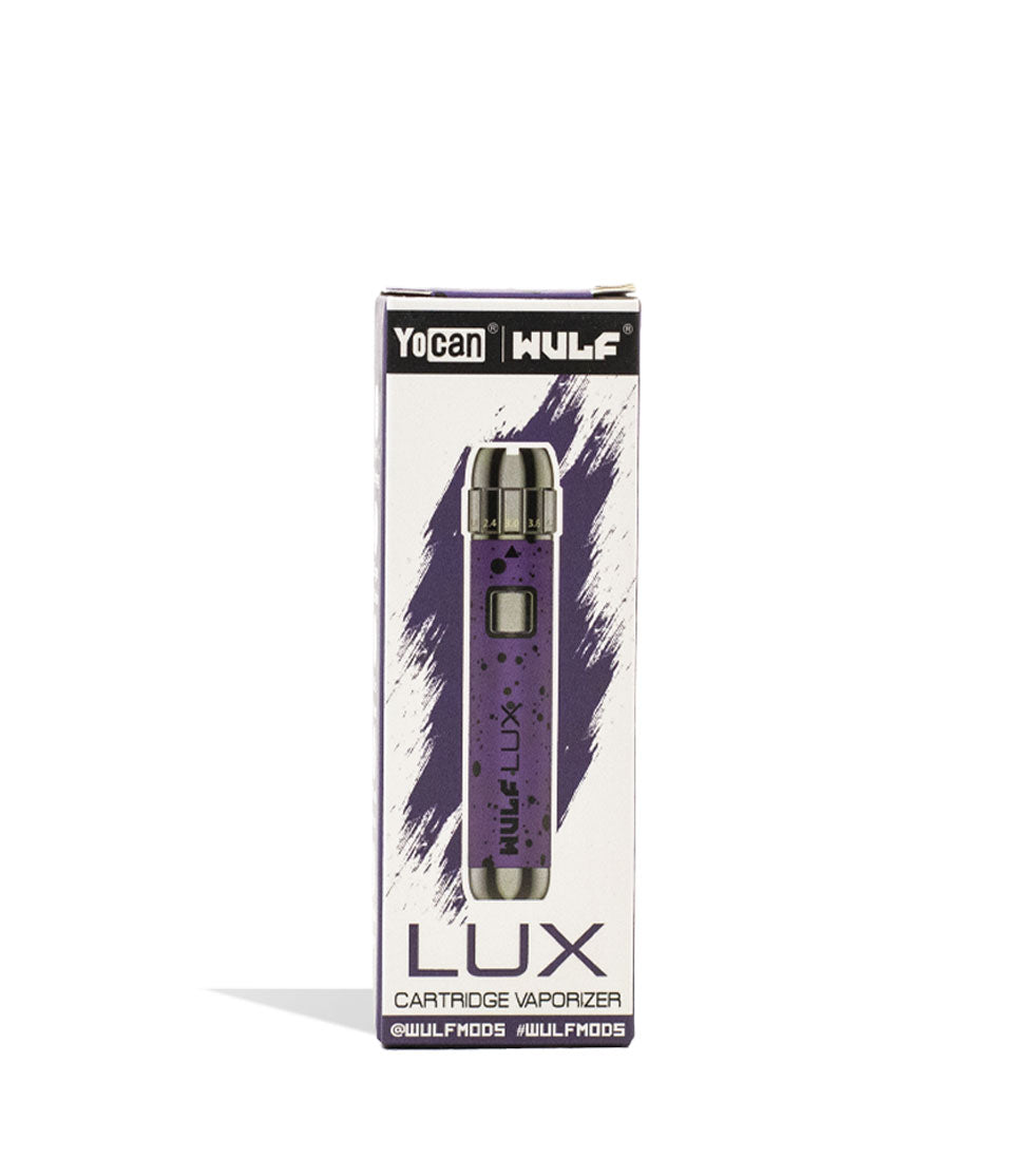 Purple Black Spatter Wulf Mods LUX 510 Thread Battery Packaging Front View on White Background
