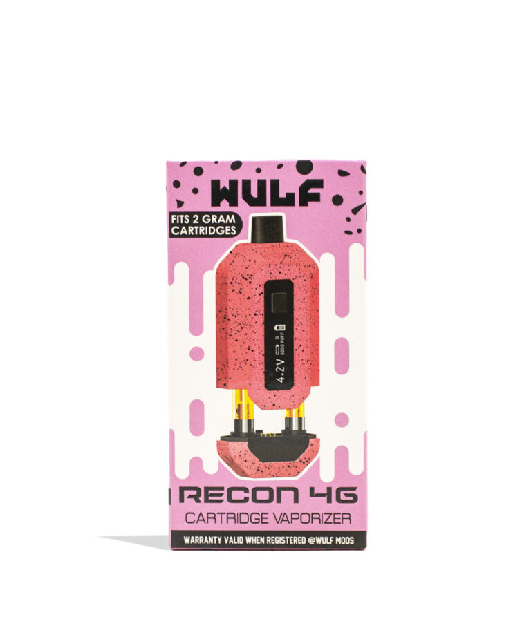 Pink Black Spatter Wulf Mods Recon 4g Dual 510 Thread Battery Packaging Front View on White Background