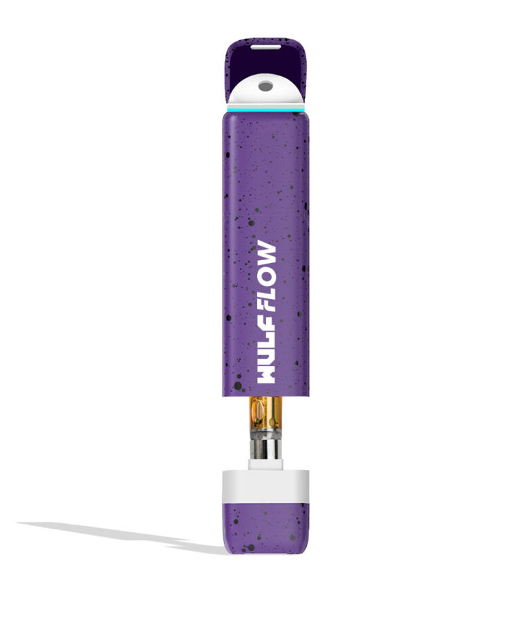 Purple Black Spatter Wulf Mods Flow Auto Flow 510 Voltage Battery front view with cart showing on white background