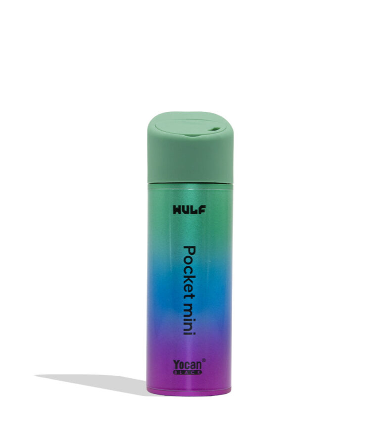 WULF MODS Pocket Mini portable concentrate vaporizer in full color gradient details, featuring a vertical rainbow LED indicator light on the side, shown against a plain white background. Back view