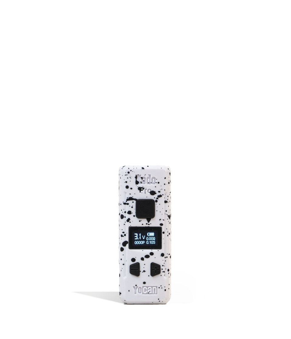 White Black Spatter Wulf Mods KODO Pro 510 Thread Battery Front View on White Background