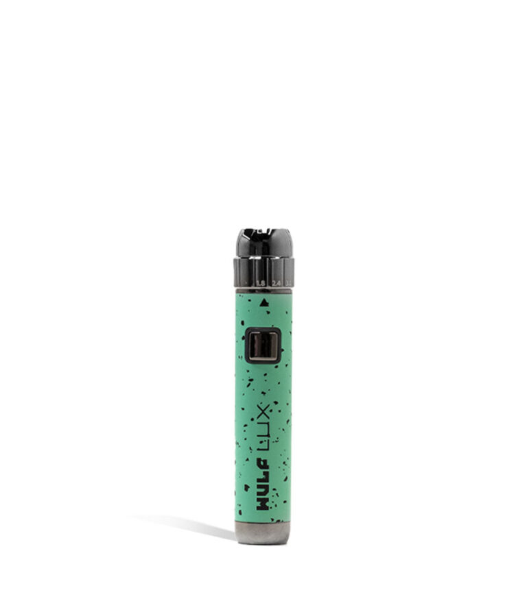 Teal Black Spatter Wulf Mods LUX 510 Thread Battery Front View on White Background