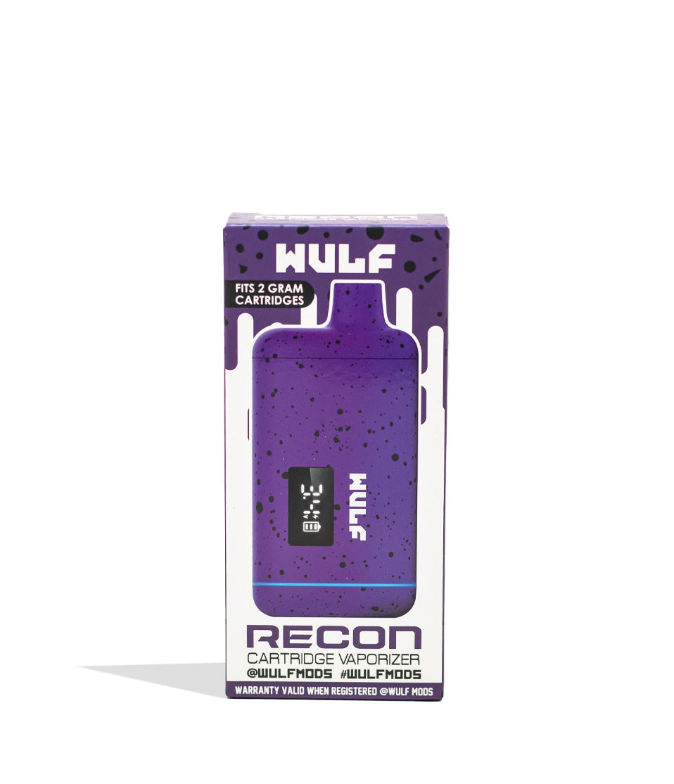 Purple Black Spatter Wulf Mods Recon 510 Thread Battery Packaging  Front View on White Background
