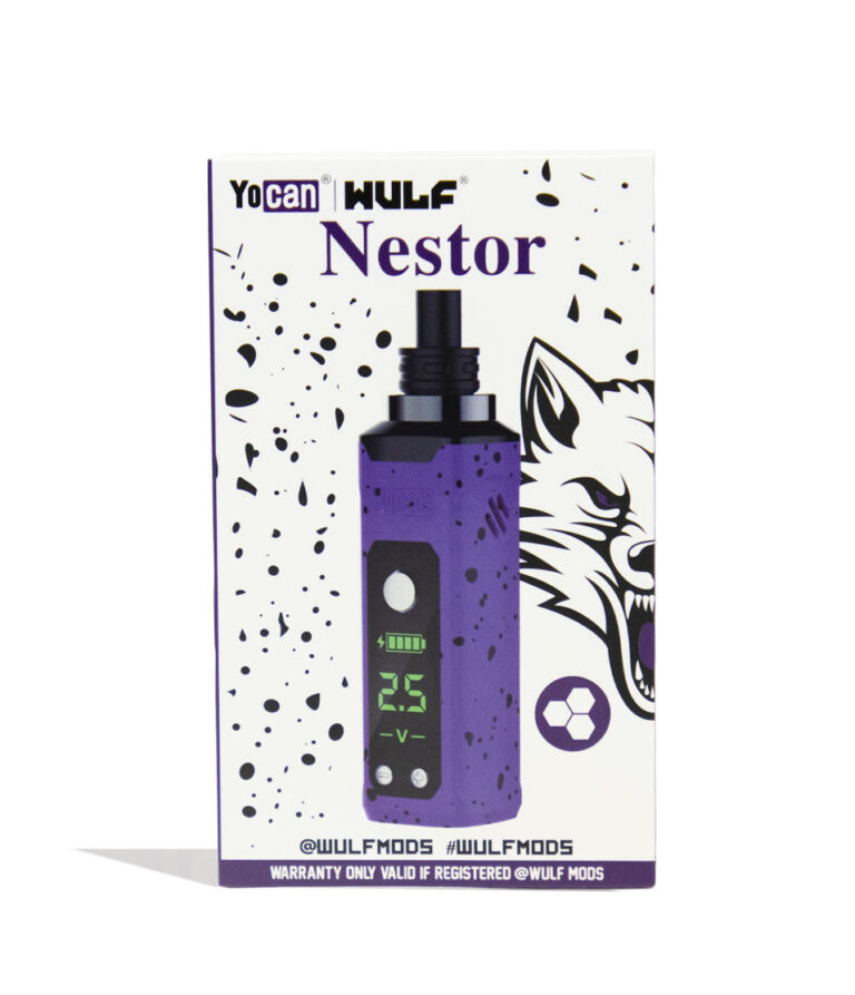 Purple Black Spatter Wulf Mods Nestor Portable Concentrate Vaporizer Packaging Front View on White Background