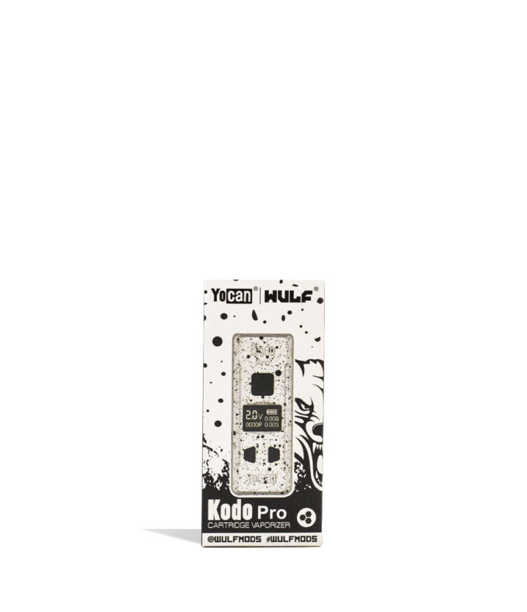 White Black Spatter Wulf Mods KODO Pro 510 Thread Battery Packaging Front View on White Background