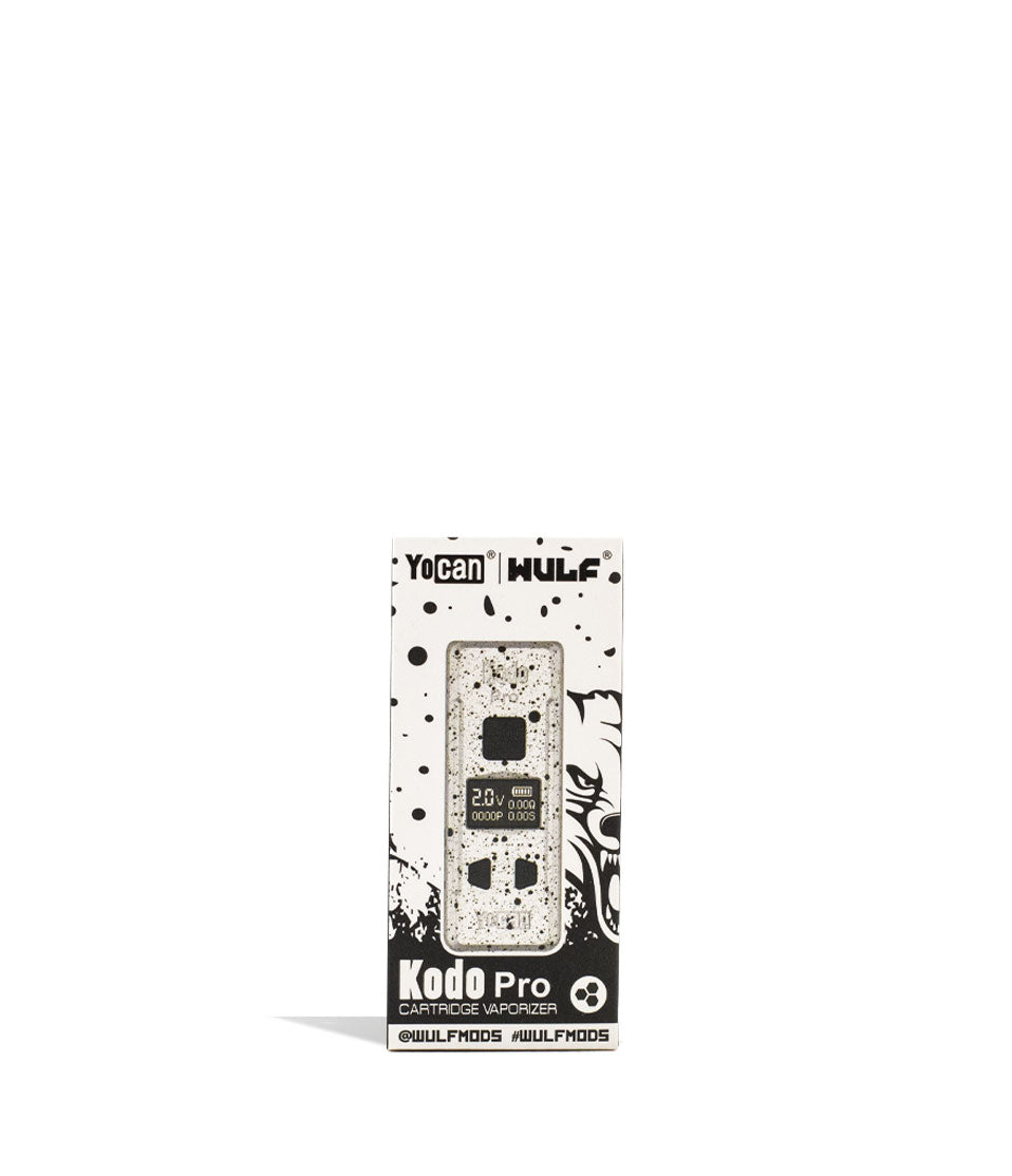 White Black Spatter Wulf Mods KODO Pro 510 Thread Battery Packaging Front View on White Background