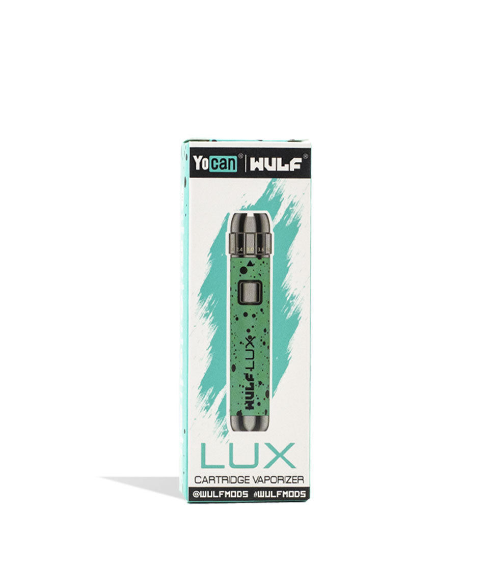 Teal Black Spatter Wulf Mods LUX 510 Thread Battery Packaging Front View on White Background