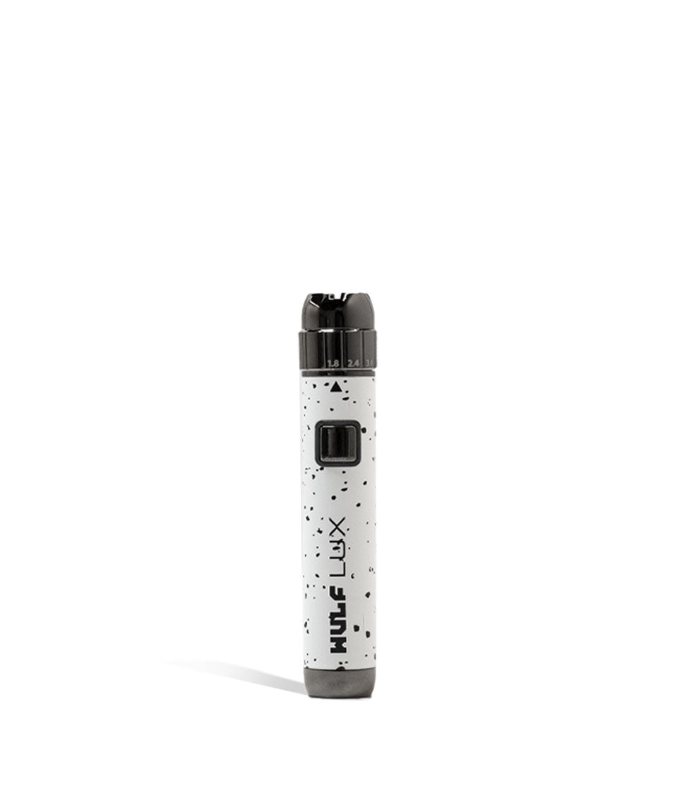White Black Spatter Wulf Mods LUX 510 Thread Battery Front View on White Background