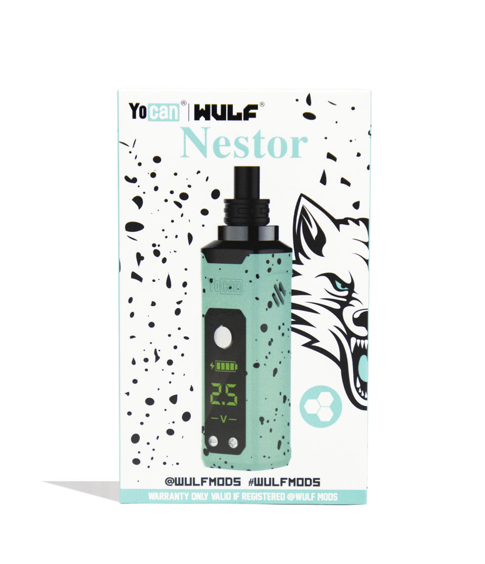 Teal Black Spatter Wulf Mods Nestor Portable Concentrate Vaporizer Packaging Front View on White Background