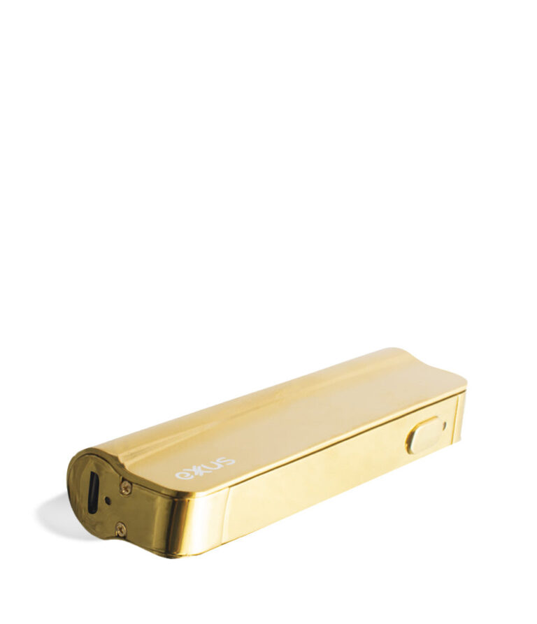 Gold laying down Exxus Vape Snap VV 510 Thread Battery on white studio background