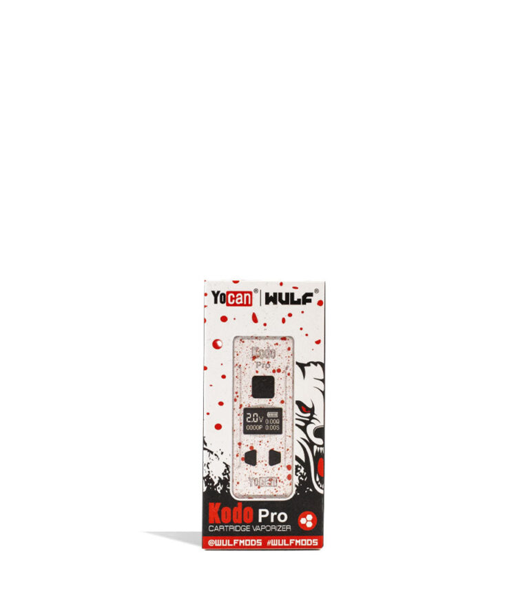 White Red Spatter Wulf Mods KODO Pro 510 Thread Battery Packaging Front View on White Background