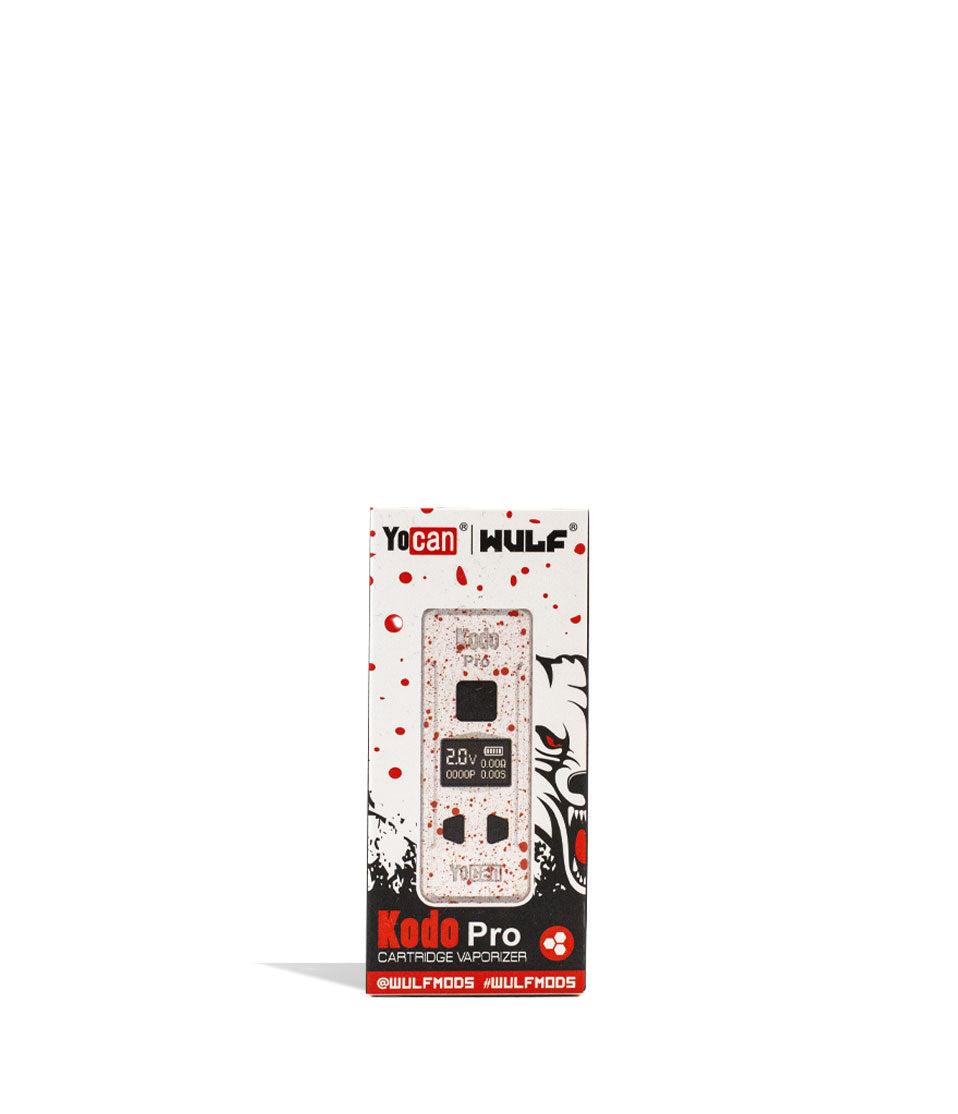 White Red Spatter Wulf Mods KODO Pro 510 Thread Battery Packaging Front View on White Background