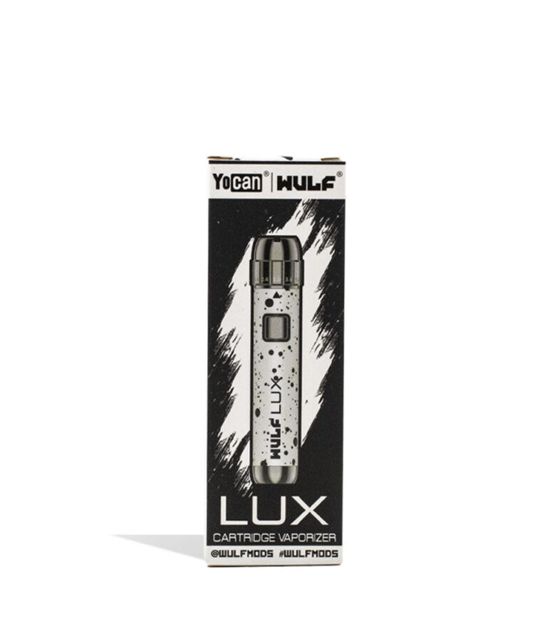 White Black Spatter Wulf Mods LUX 510 Thread Battery Packaging Front View on White Background