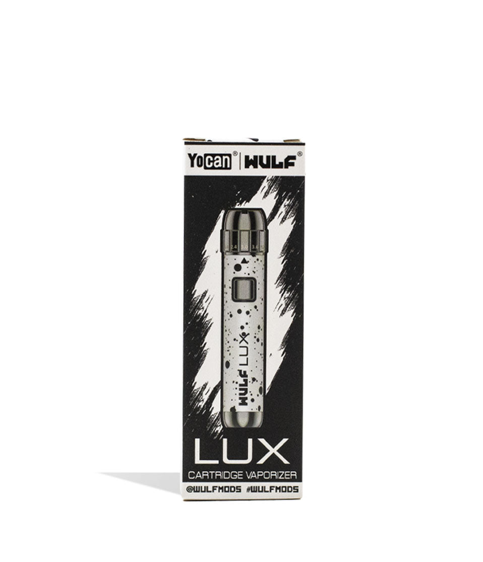 White Black Spatter Wulf Mods LUX 510 Thread Battery Packaging Front View on White Background