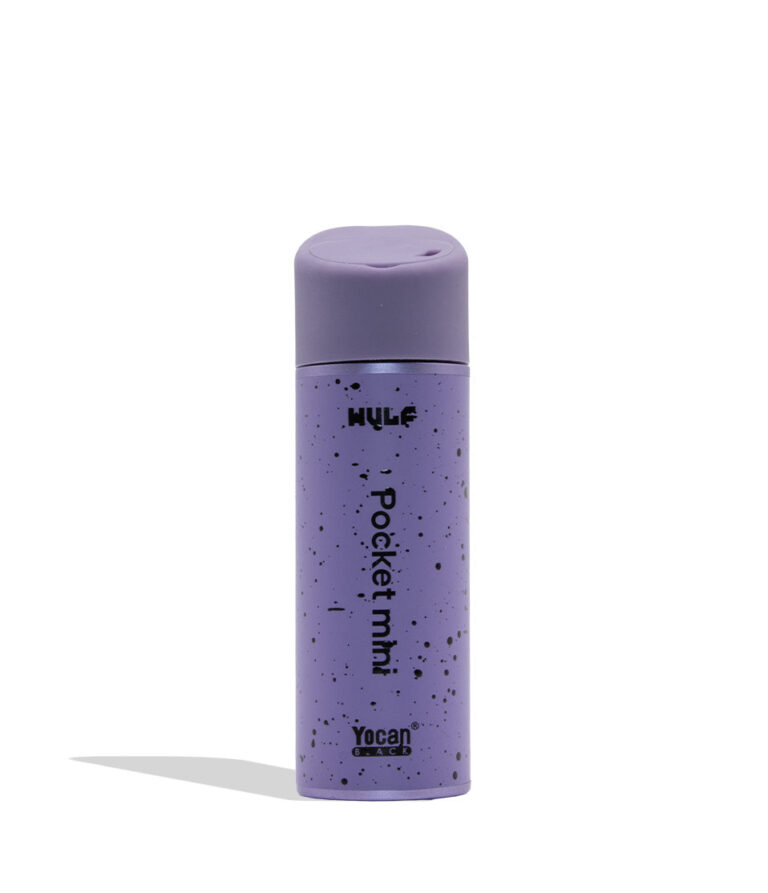 WULF MODS Pocket Mini portable concentrate vaporizer in purple with black spatter pattern details, featuring a vertical rainbow LED indicator light on the side, shown against a plain white background. Back view