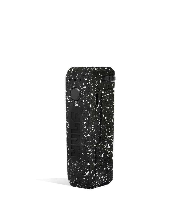 Black White Spatter left side view Wulf Mods UNI Adjustable 510 Thread Battery on white studio background