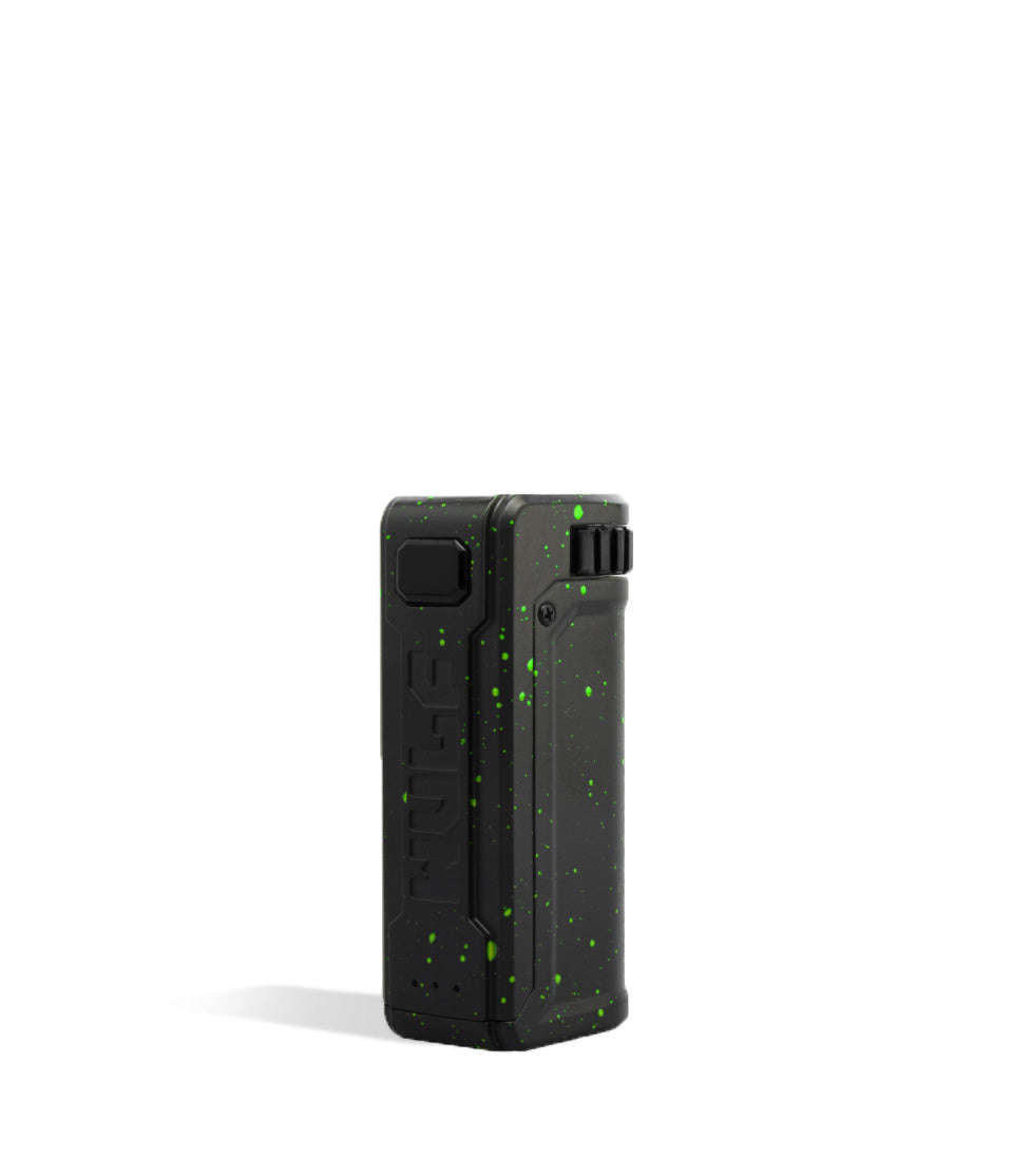 Black Green Spatter side Wulf Mods UNI S Adjustable 510 Thread Battery on white background