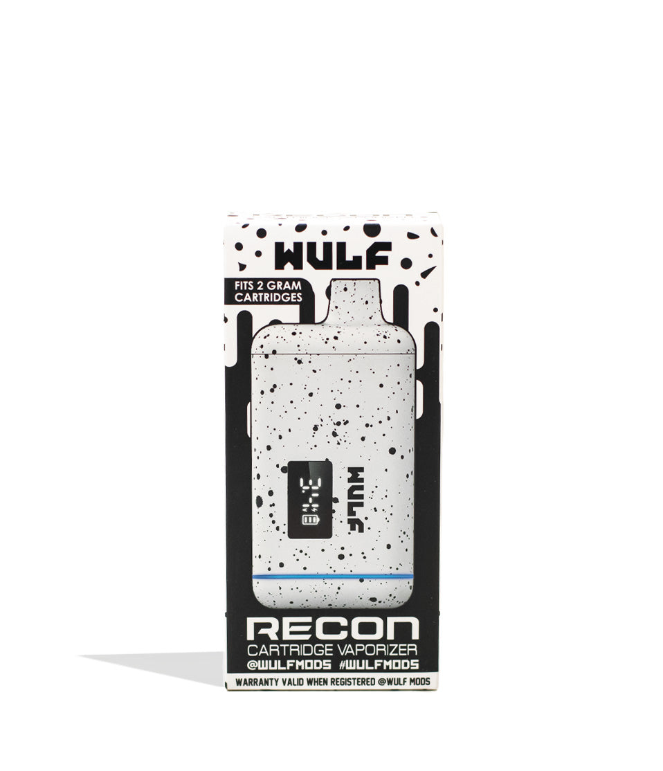 White Black Spatter Wulf Mods Recon 510 Thread Battery Packaging Front View on White Background