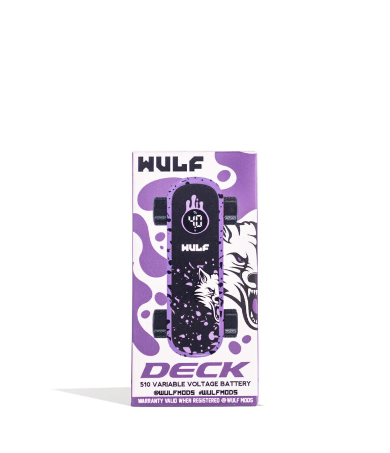 Purple Black Spatter Wulf Mods Deck Skateboard Voltage Battery Packaging Front View on White Background