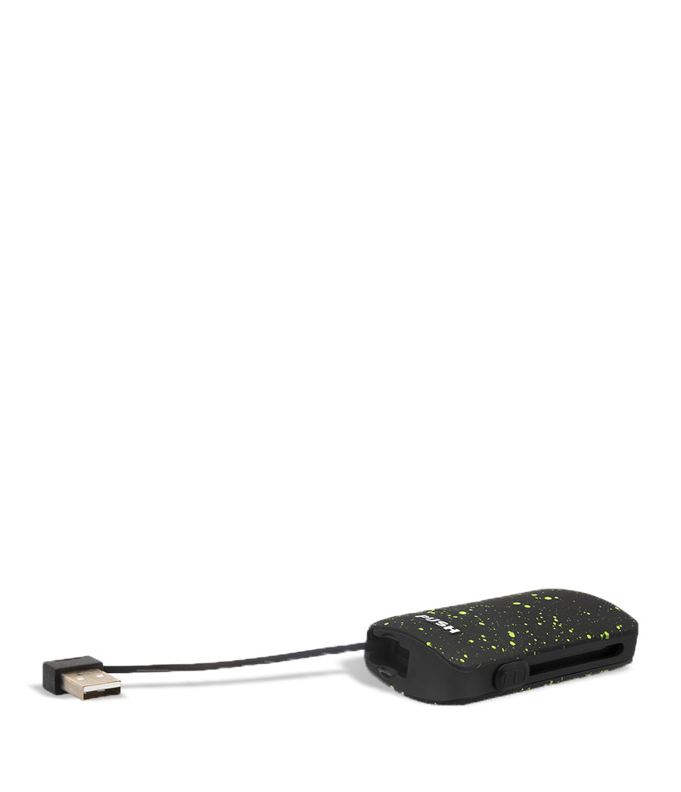 Black Green Spatter bottom view Exxus Vape Push 510 Thread Battery on white background