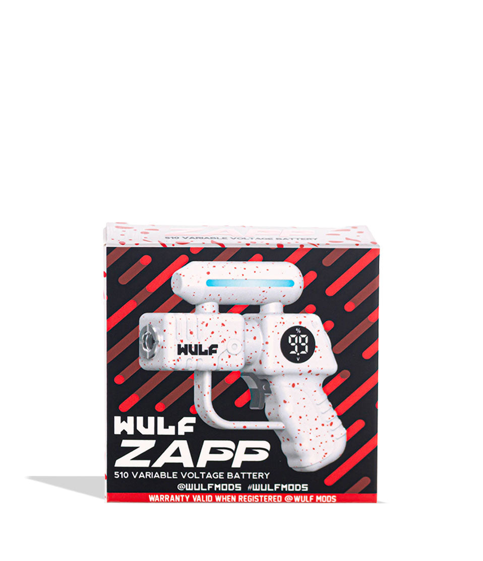 White Red Spatter Wulf Mods Zapp Variable Voltage Battery box on white background