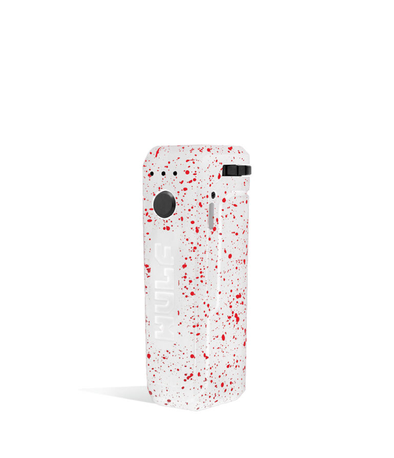 White Red Spatter left side view Wulf Mods UNI Adjustable 510 Thread Battery on white studio background