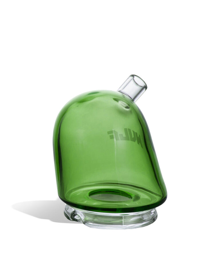 WULF Link Puffco Peak glass attachment in green, angled view showing the mouthpiece