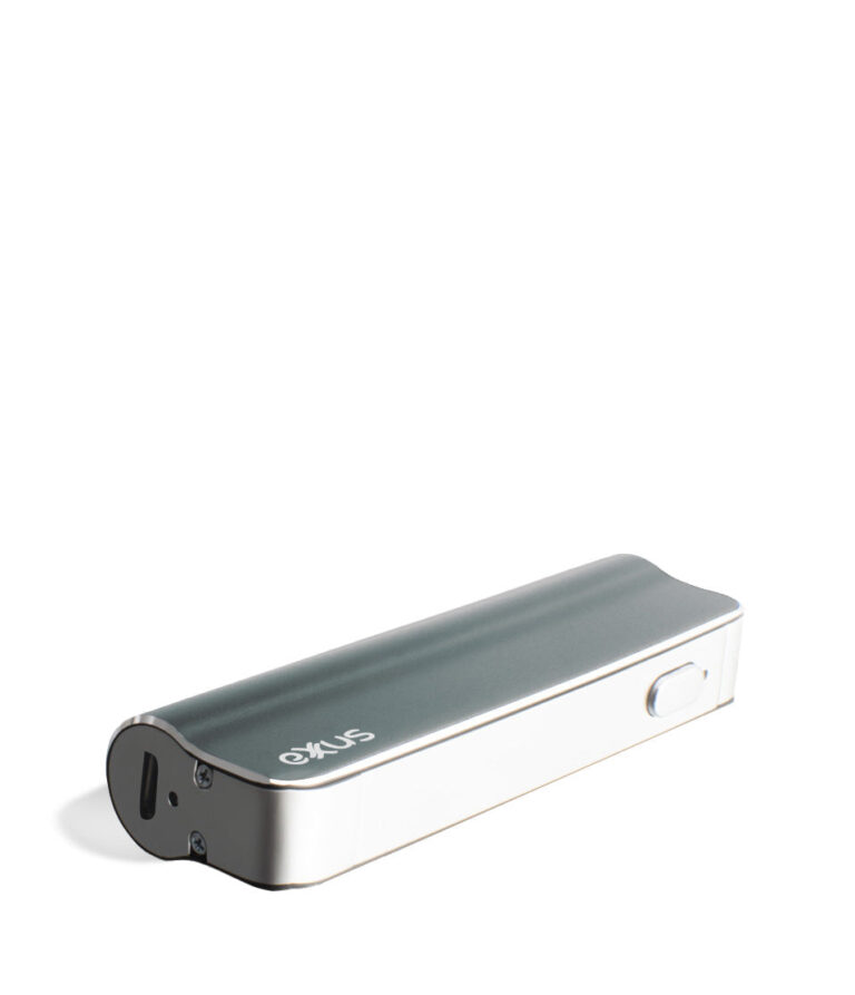 Gunmetal laying down Exxus Vape Snap VV 510 Thread Battery on white studio background