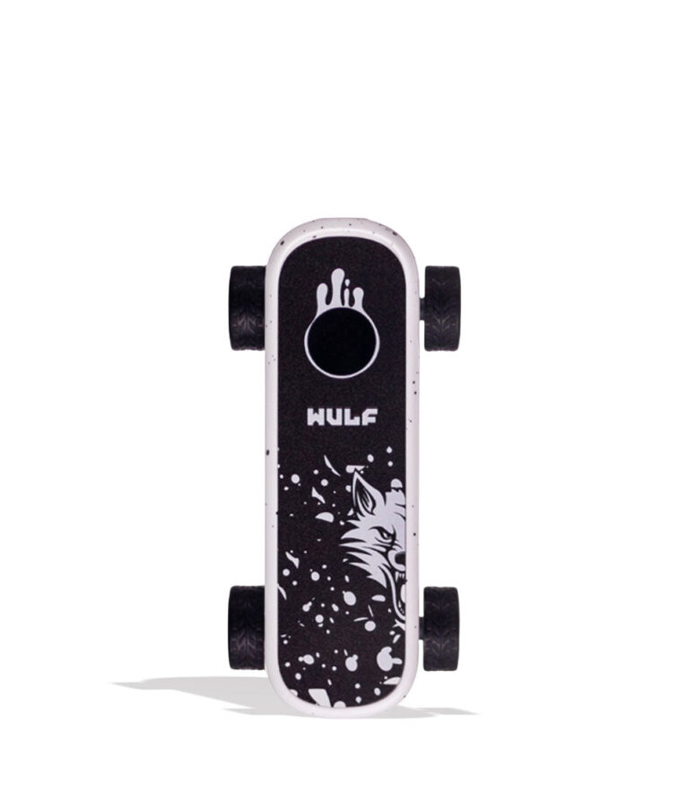 White Black Spatter Wulf Mods Deck Skateboard Voltage Battery Front View on White Background