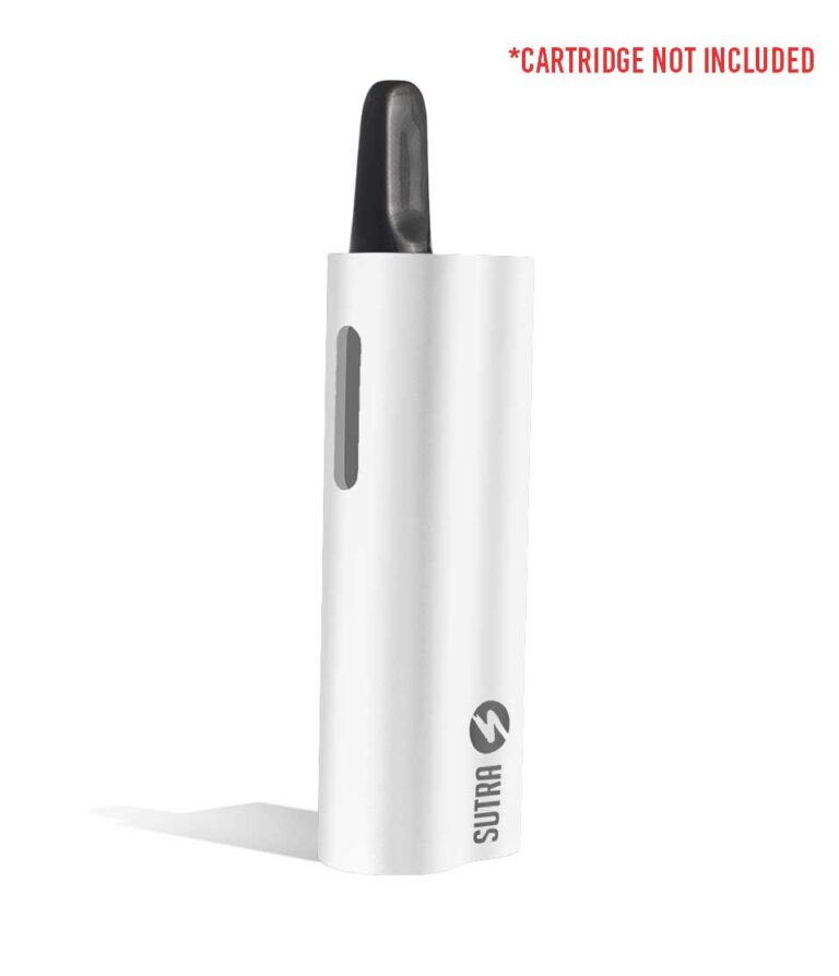 White side view w/cartridge Sutra Vape Auto 510 Thread Battery on white background