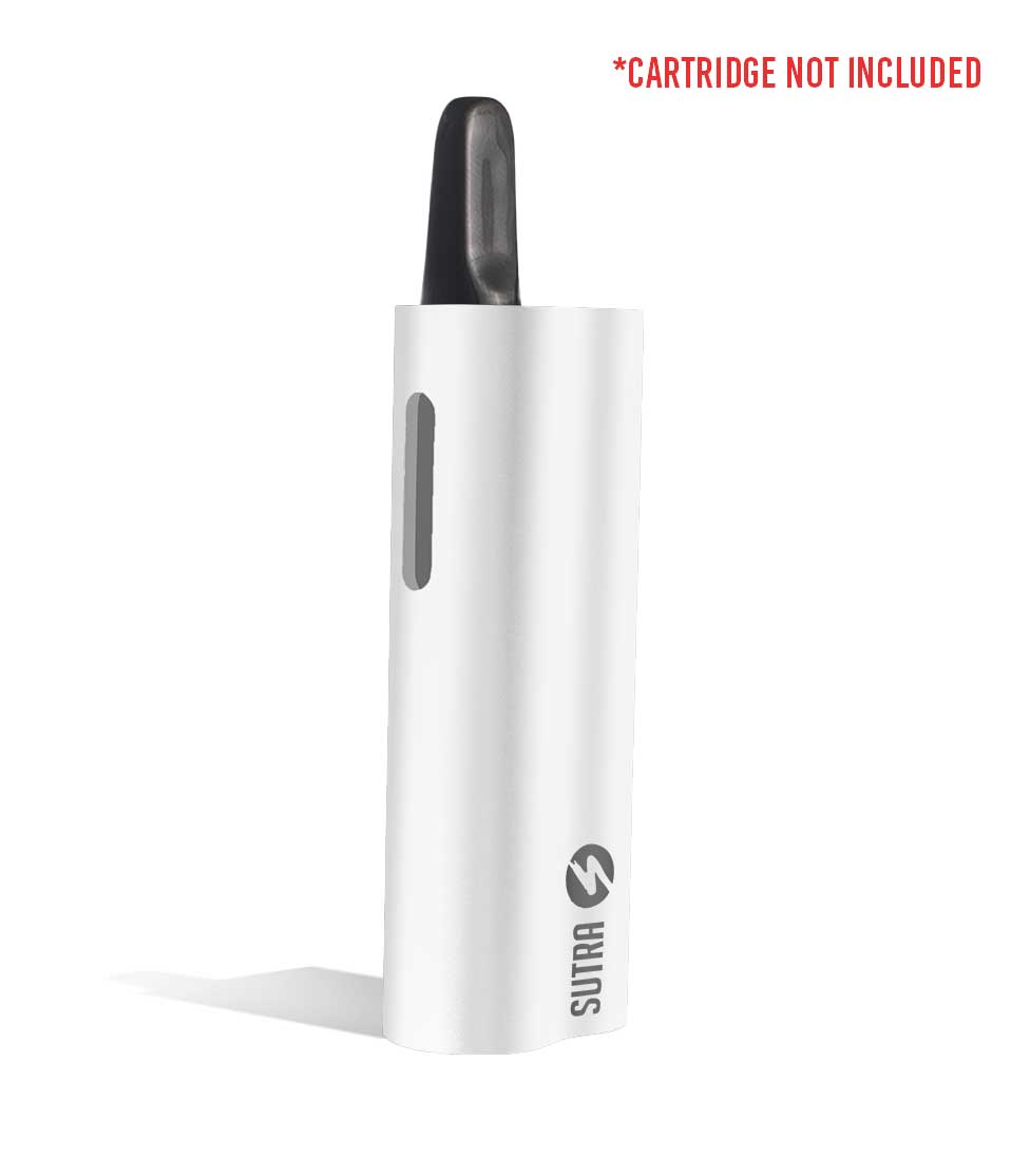 White side view w/cartridge Sutra Vape Auto 510 Thread Battery on white background