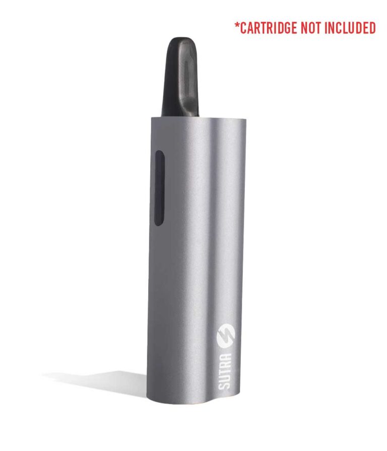 Silver side view w/cartridge Sutra Vape Auto 510 Thread Battery on white background
