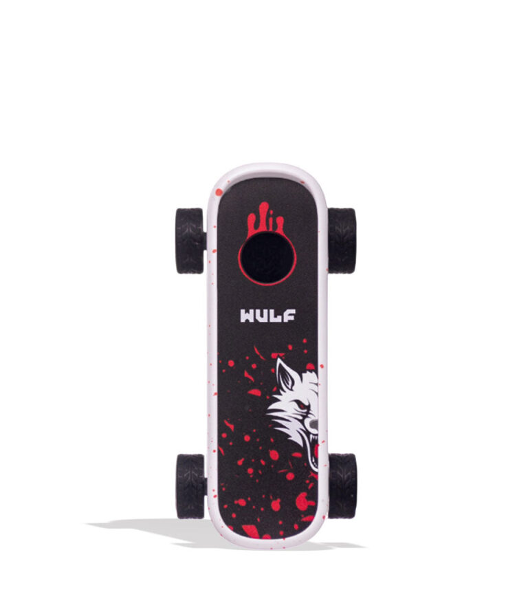 White Red Spatter Wulf Mods Deck Skateboard Voltage Battery Front View on White Background