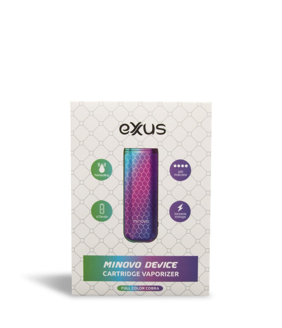 Full Color Cobra Box front view Exxus Vape MiNovo 510 Thread Battery on white studio background