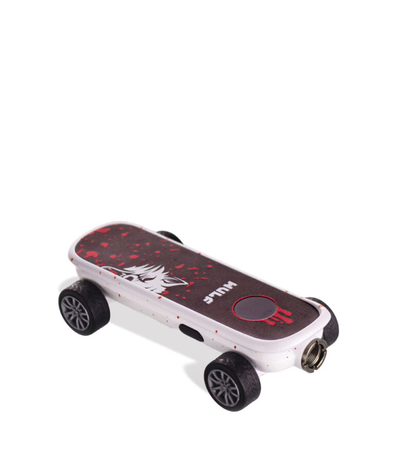 White Red Spatter Wulf Mods Deck Skateboard Voltage Battery Down View on White Background