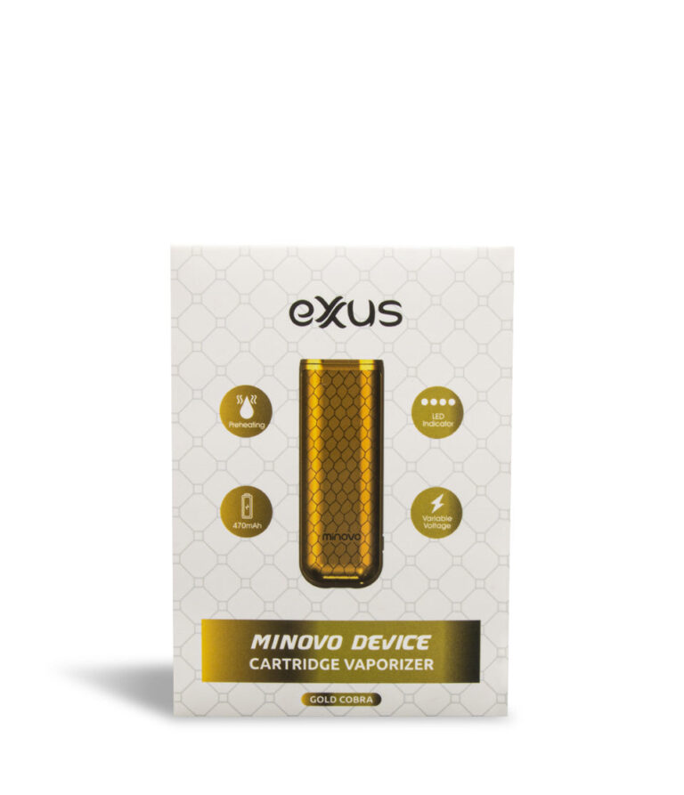 Gold Cobra Box front view Exxus Vape MiNovo 510 Thread Battery on white studio background
