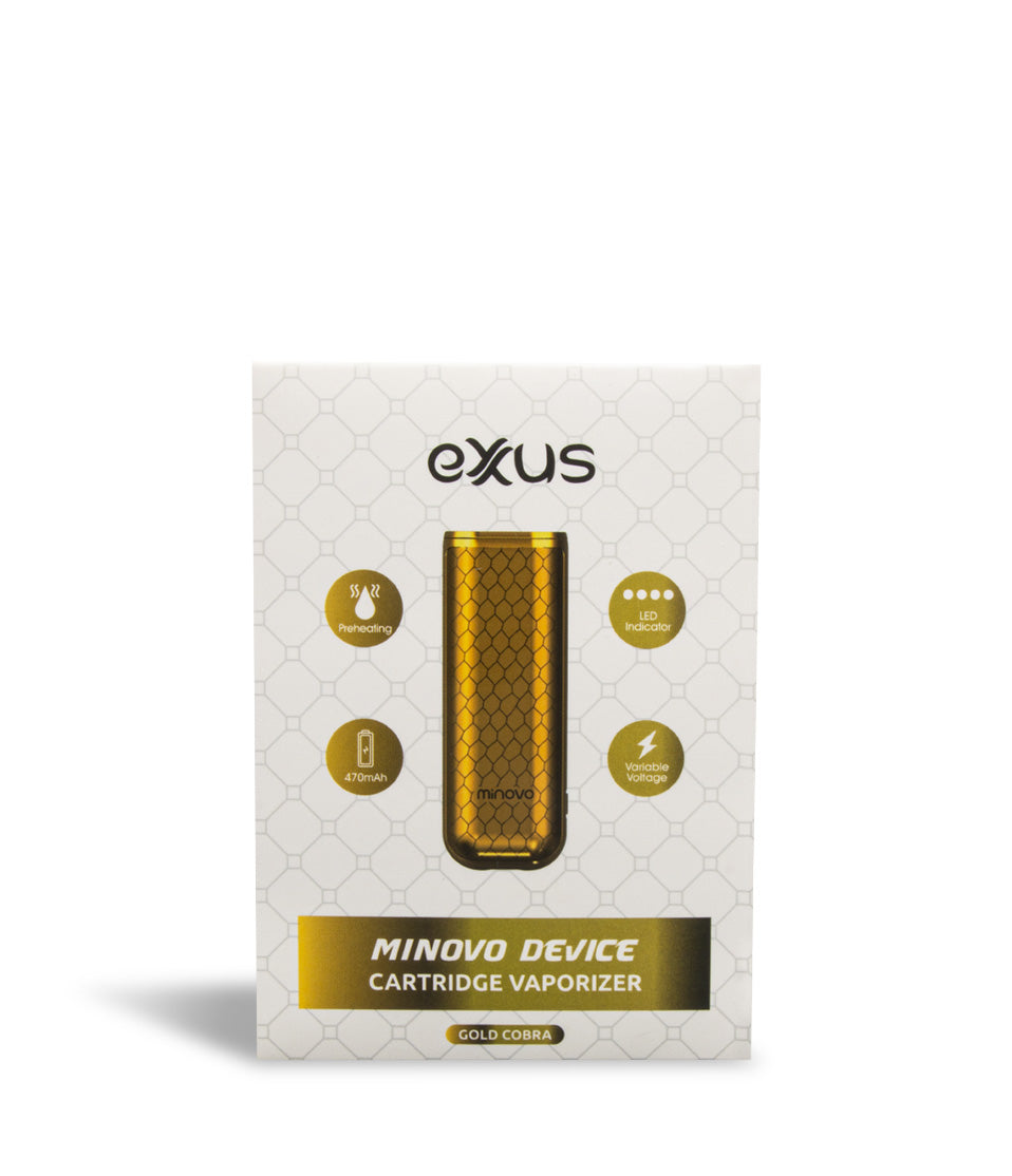 Gold Cobra Box front view Exxus Vape MiNovo 510 Thread Battery on white studio background