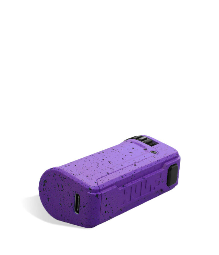 Purple Black Spatter bottom Wulf Mods UNI S Adjustable 510 Thread Battery on white background