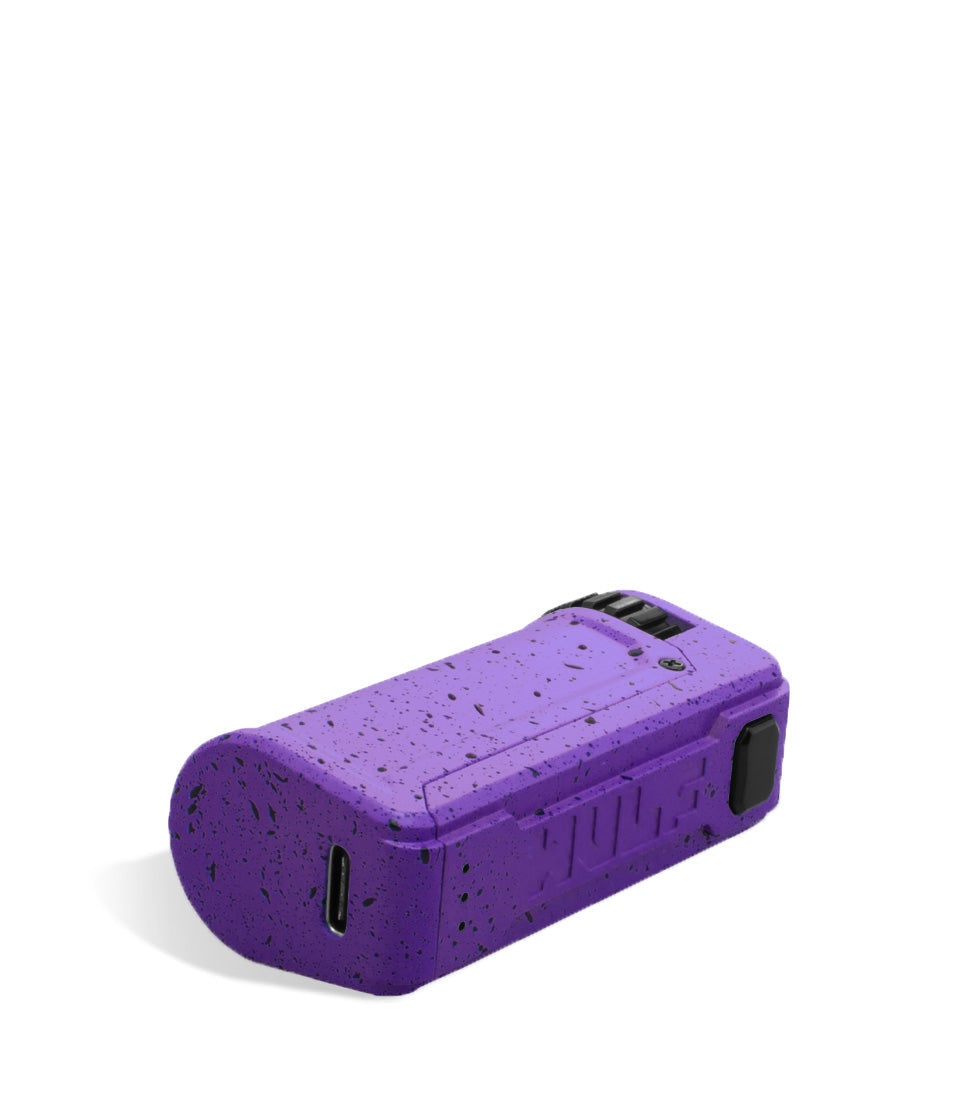 Purple Black Spatter bottom Wulf Mods UNI S Adjustable 510 Thread Battery on white background