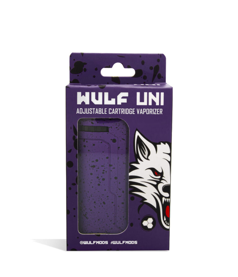Purple Black Spatter Box front view Wulf Mods UNI Adjustable 510 Thread Battery on white studio background