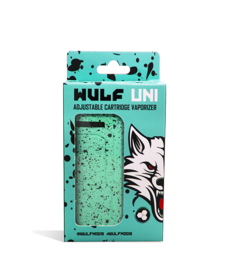 Teal Black Spatter Box front view Wulf Mods UNI Adjustable 510 Thread Battery on white studio background