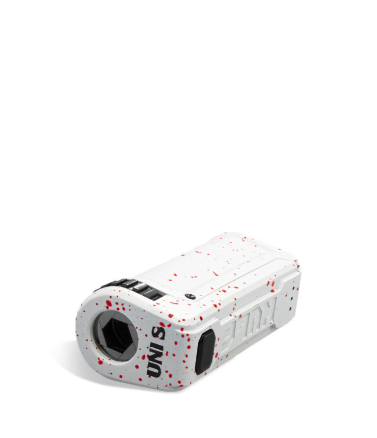 White Red Spatter Top Wulf Mods UNI S Adjustable 510 Thread Battery on white background