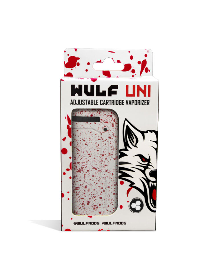 White Red Spatter Box front view Wulf Mods UNI Adjustable 510 Thread Battery on white studio background