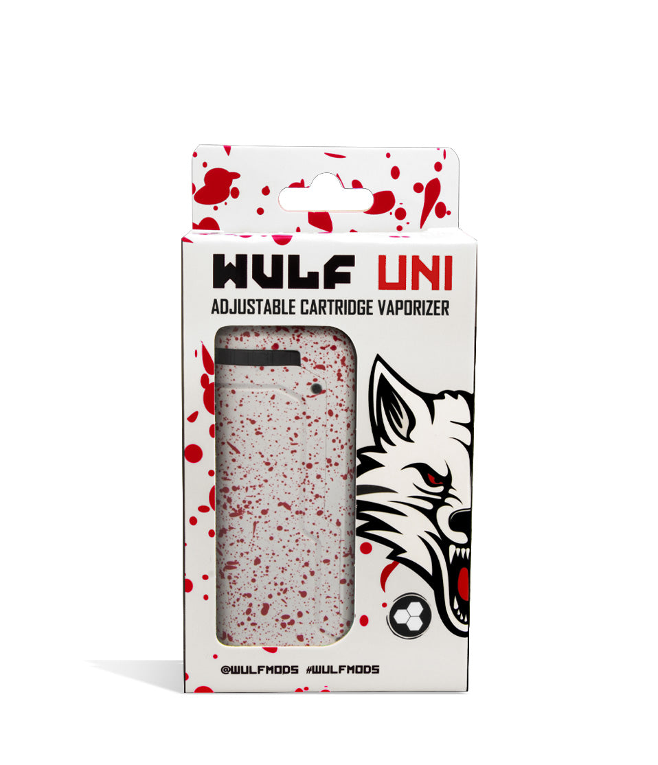 White Red Spatter Box front view Wulf Mods UNI Adjustable 510 Thread Battery on white studio background