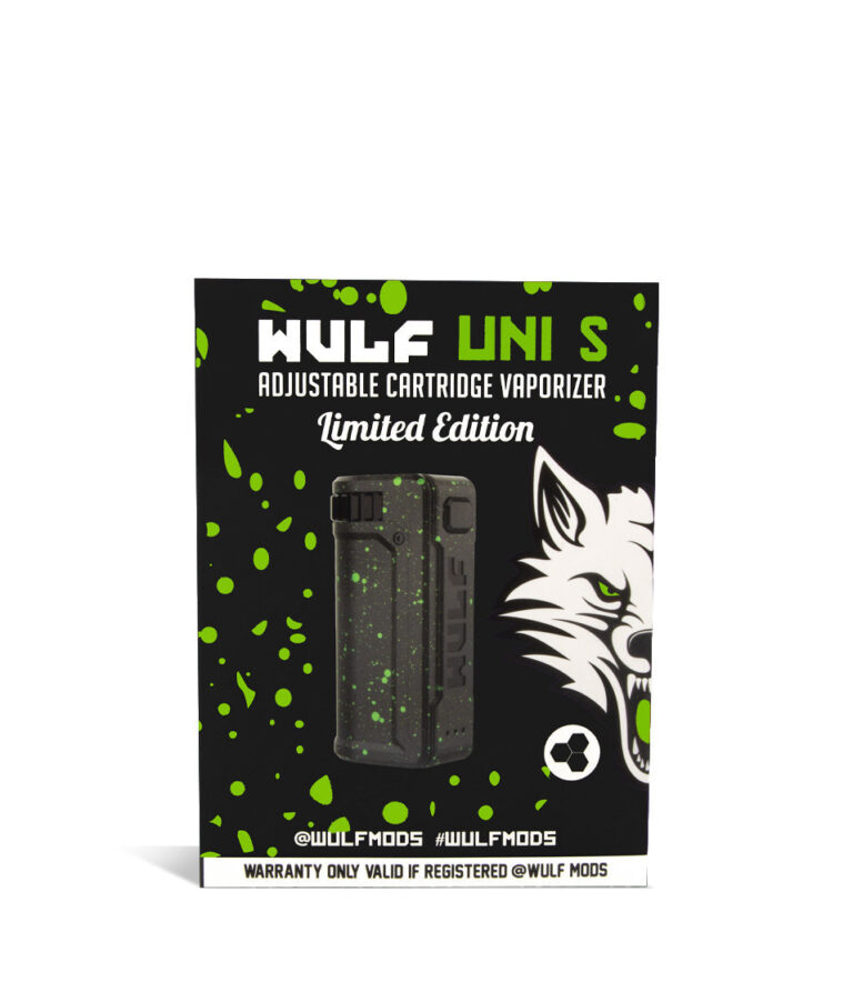 Black Green Spatter Box Wulf Mods UNI S Adjustable 510 Thread Battery on white studio background