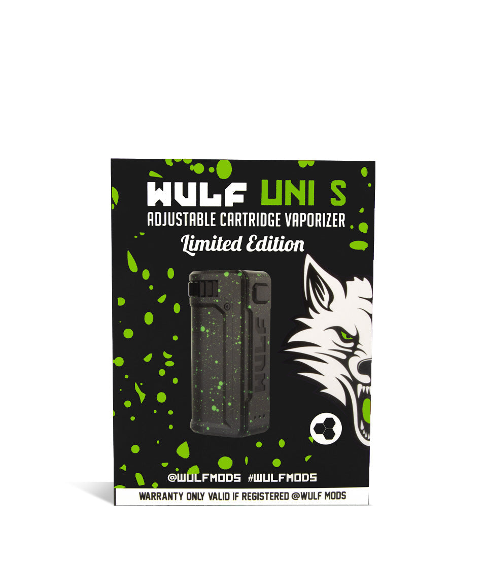 Black Green Spatter Box Wulf Mods UNI S Adjustable 510 Thread Battery on white studio background