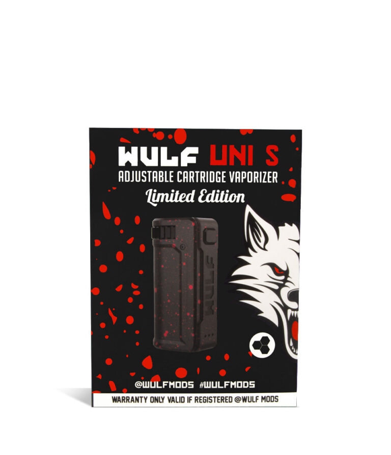 Black Red Spatter Box Wulf Mods UNI S Adjustable 510 Thread Battery on white studio background