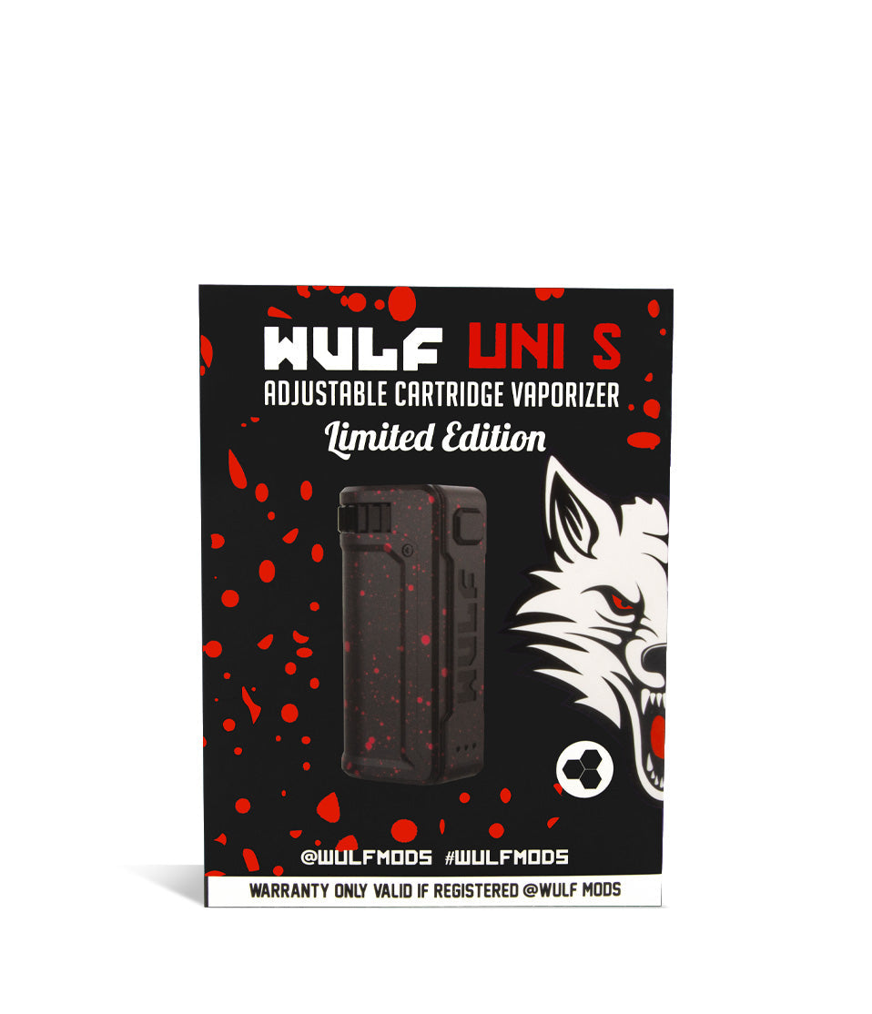 Black Red Spatter Box Wulf Mods UNI S Adjustable 510 Thread Battery on white studio background